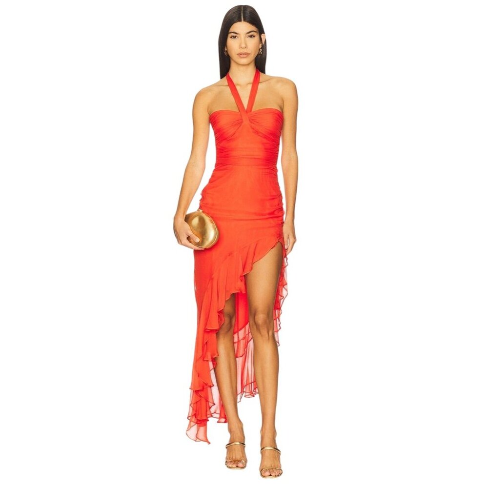 Amanda Uprichard Marabou Dress in Blood Orange Large New Womens Asymmetric